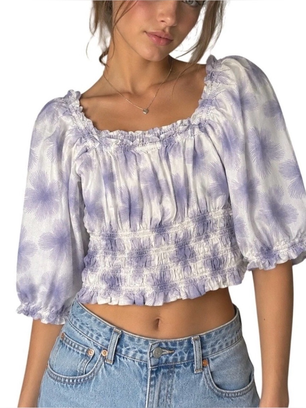 Levi's Lavender Floral Smocked Milkmaid Crop Top Puff Sleeve Cottagecore Large